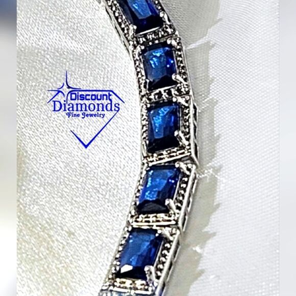 Blue Rectangular 5 mm Princess Cut Topaz Tennis Bracelet on 925 Silver - Picture 5 of 10